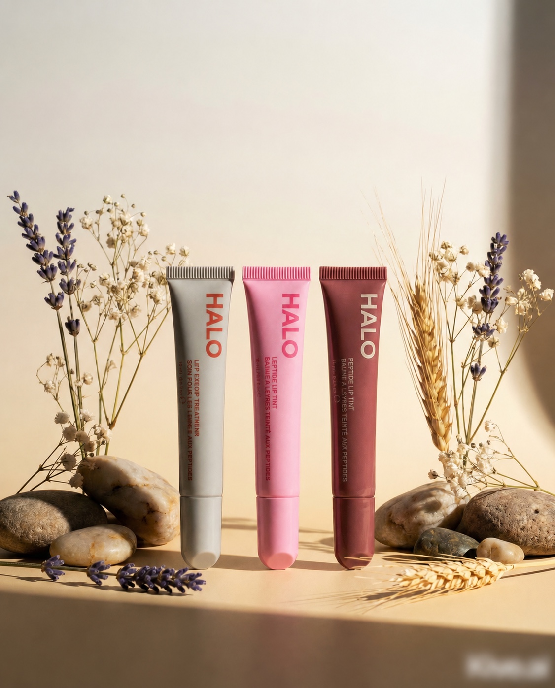 Halo lip trio with dried flowers and stones